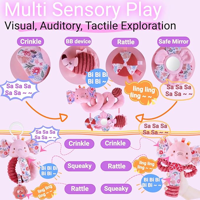 Infant Toys 0-6-12 Months Spiral Car Seat Toy, Baby Stroller Hanging Rattle Stuffed Animal for Babies 0-3-4-5-7 Christmas Newborn Boy Girl Gifts Stocking Stuffers Mirror Crinkle Elephant 3PCS