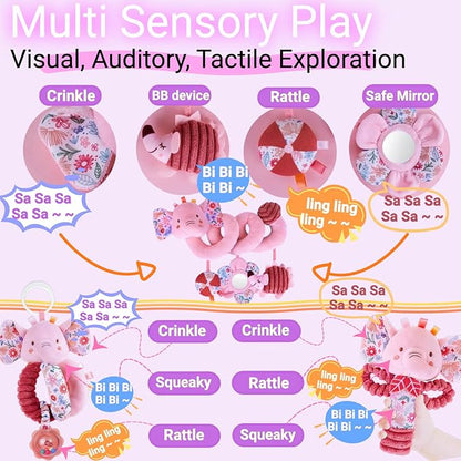 Infant Toys 0-6-12 Months Spiral Car Seat Toy, Baby Stroller Hanging Rattle Stuffed Animal for Babies 0-3-4-5-7 Christmas Newborn Boy Girl Gifts Stocking Stuffers Mirror Crinkle Elephant 3PCS