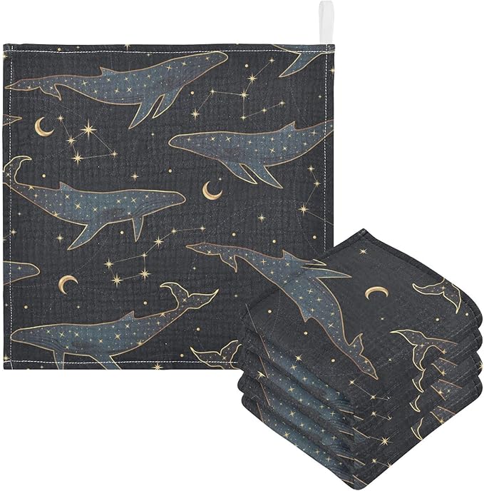 vvfelixl Baby Muslin Washcloths Celestial Constellation Whale Baby Burp Cloths Cotton Baby Face Towel for Newborn Infants Boys Girls Soft and Absorbent 11.8 X 11.8 in, 3 Pack