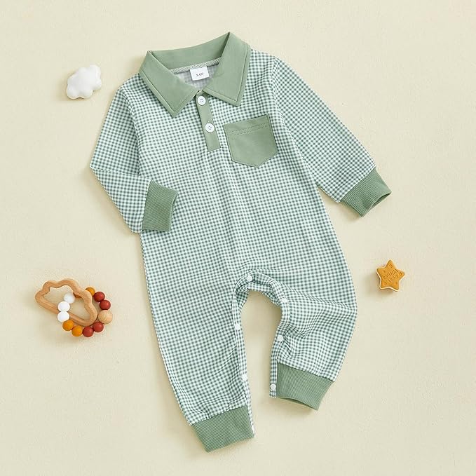 Newborn Baby Boy Winter Clothes Long Sleeve Lapel Jumpsuit Collar Plaid Romper Playsuit Infant Baby Boy Fall Outfit