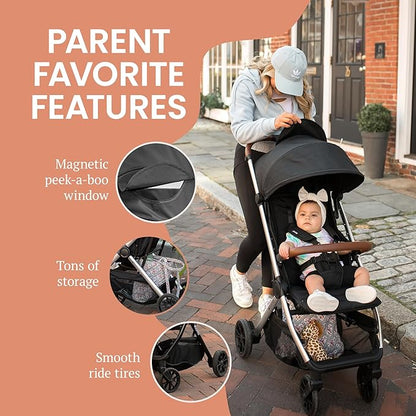 Bombi Bēbee V2 Lightweight Baby Stroller - Premium Vegan Leather, One-Hand Fold, Infinite Recline, Aircraft-Grade Aluminum Frame, XXL Canopy, and Ample Storage Umbrella Stroller - Hickory