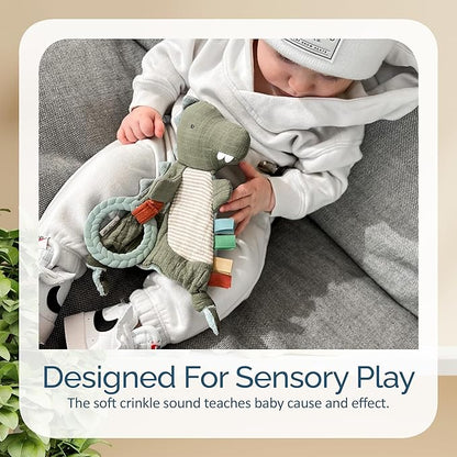 Itzy Ritzy - Bitzy Crinkle Sensory Toy for Babies & Toddlers — Features Crinkle Sound, Soft Braided Teething Toy Ring & Textured Ribbons — Gender Neutral Baby Item for Ages 0 Months & Up, Dinosaur