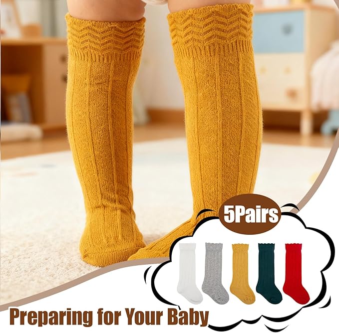 Baby Knee High Socks Girls Newborn Toddlers Cotton Long Tube Ruffle Socks Infant Stockings Dress Sock,5 Pair