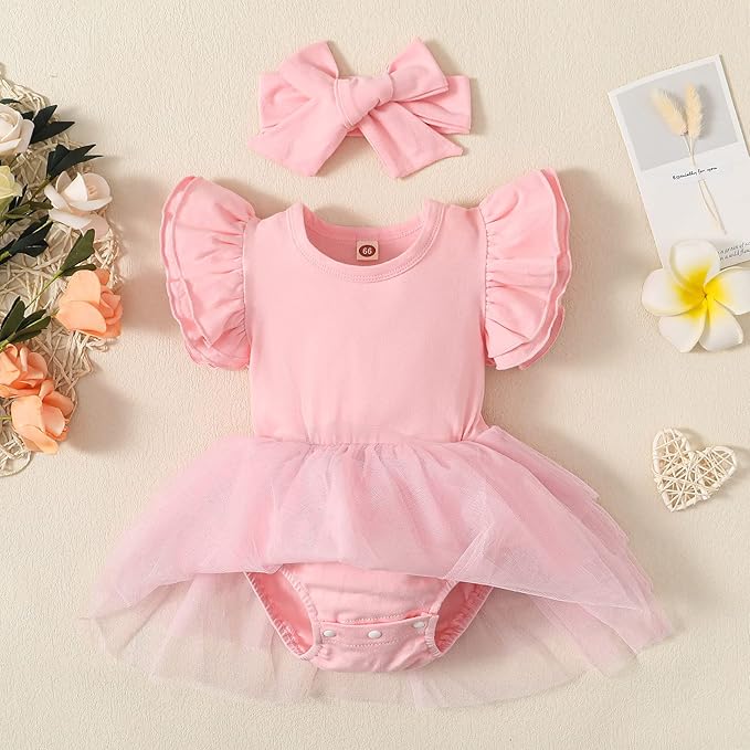 Baby Girl Clothes Infant Ruffle Sleeve Romper Dress Newborn Solid Tutu Skirt Sets Jumpsuit Headband Outfit