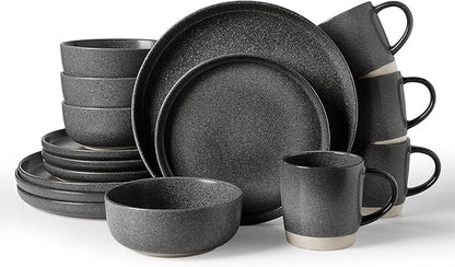 Famiware Milkyway Stoneware Dinnerware Sets with Mugs, Service for 4 (16 Pieces), Reactive Glaze Plates and Bowls Sets, Microwave and Dishwasher Safe Dishes Set, Matte Dark Charcoal