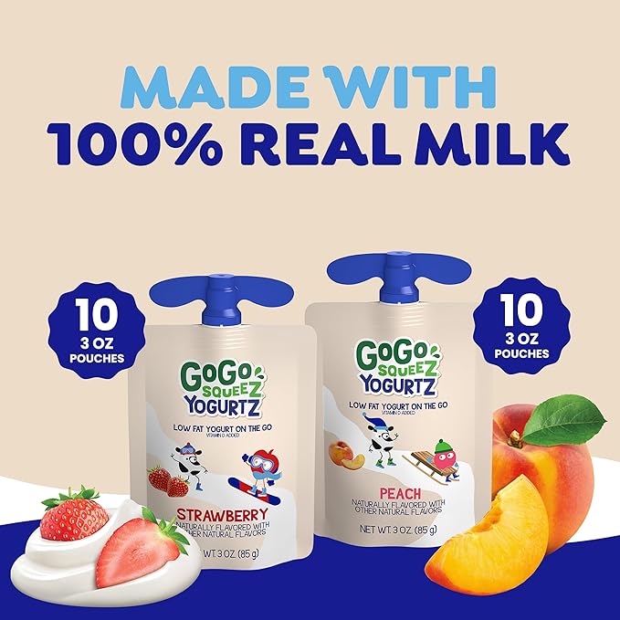 GoGo squeeZ YogurtZ Variety Pack, Strawberry & Peach, 3 oz (Pack of 20), Kids Snacks Made with Real Yogurt and Fruit, No Fridge Needed, Gluten Free, Nut Free, Recloseable Cap, BPA Free Pouches