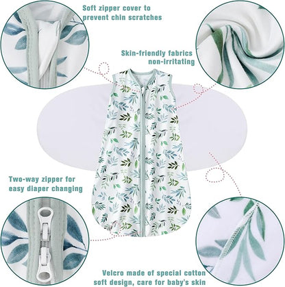 Newborn Sleep Sack Baby Swaddle,Swaddle me 3-6 Month,3-Way Adjustable Wearable Blanket,100% Rayon Cotton Swaddling Sleeping Bag，TOG 0.5 (Leaf, 3-6 Months)