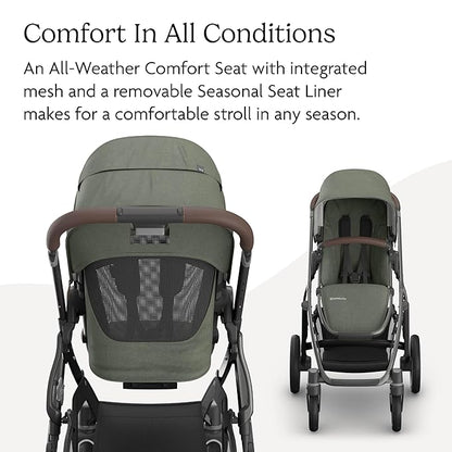 UPPAbaby Vista V3 Stroller - Full-Size Single-to-Double Stroller System - Toddler Seat, Bug Shield, Rain Shield, and Storage Bag Included - Evelyn (Meadow Green/Graphite Frame/Chestnut Leather)