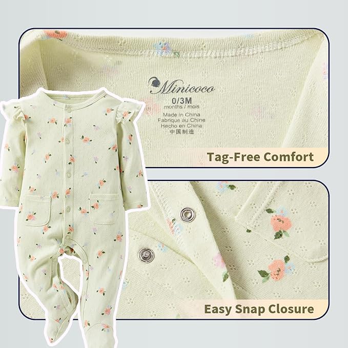 Baby Girls Ruffled Sleeve Footed Romper - 100% Cotton Snap Closure Jumpsuit with Small Pocket