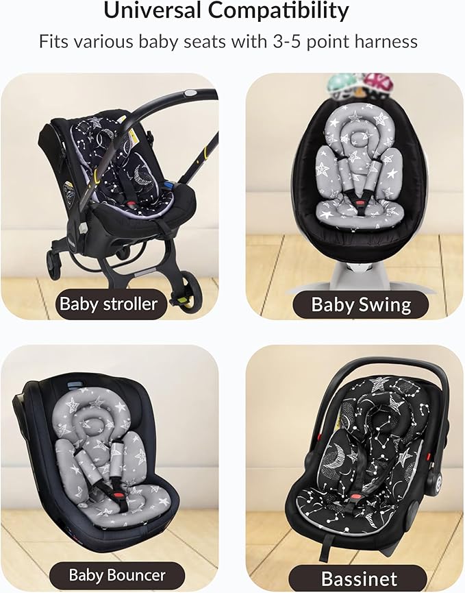 Infant Car Seat Insert with Removable Cushion for Preemie to Toddler, Reversible Newborn Carseat Insert for Baby Head Body Support, Fits for Stroller, Baby Swing, Bouncer (Black Star)