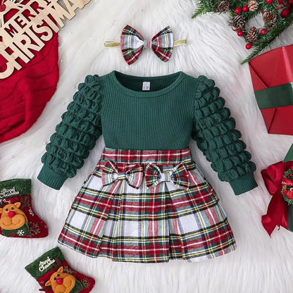 Toddler Baby Girl Plaid Dress Puff Sleeve Bow Patchwork Ribbed Shirts Dress Plaid Fall Winter Outfits with Headband