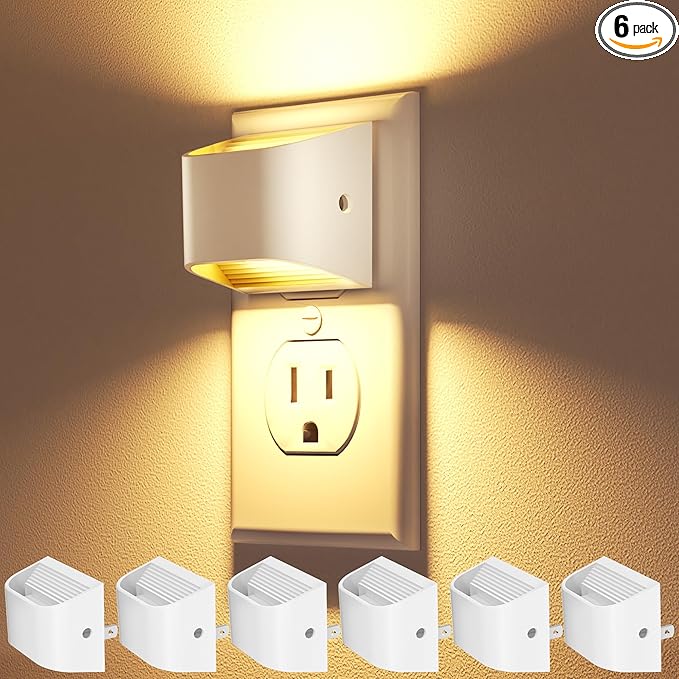 VOLISUN Night Lights Plug into Wall, 6 Pack Up and Down LED Night Light with Dusk to Dawn Light Sensor, 3000K Warm White Nightlight for Hallway, Bedroom, Bathroom, Kitchen White