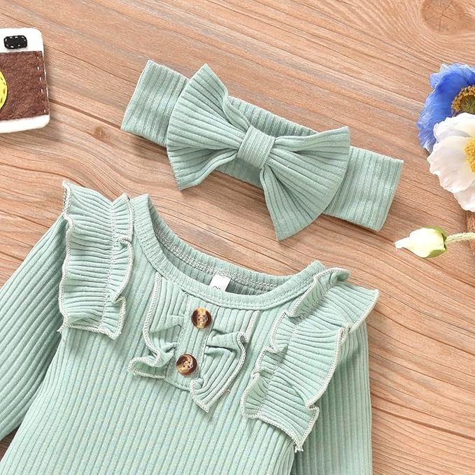 Aalizzwell Preemie Newborn Infant Baby Girls Clothes Ribbed Bodysuit Pants Set Fall Winter Outfits