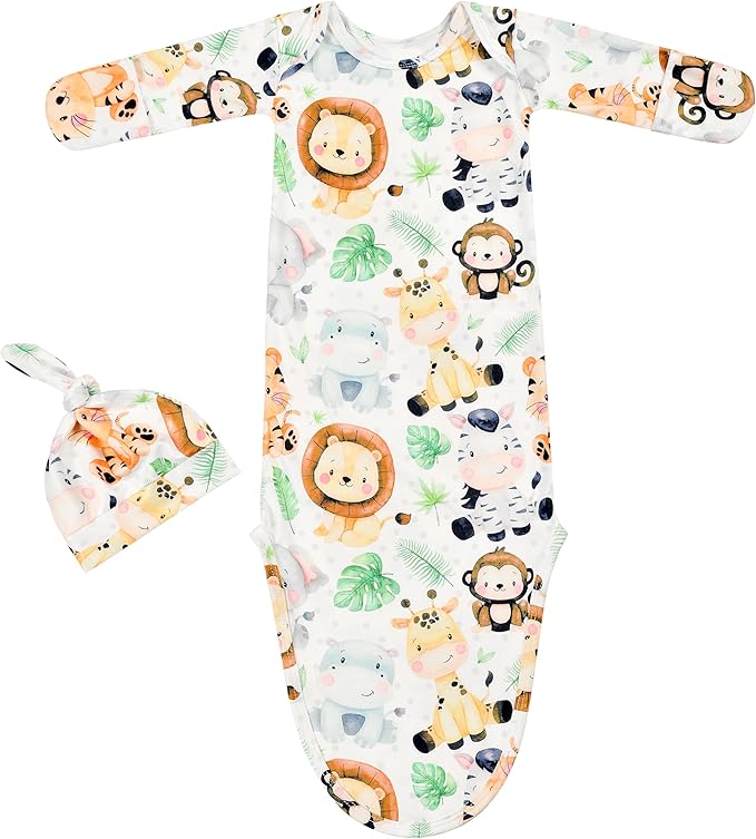 Newborn Baby Boy Long Sleeve Sleeper Gown with Mittens Knotted Gown Coming Home Outfit Nightgown Hat Set 2 Pieces