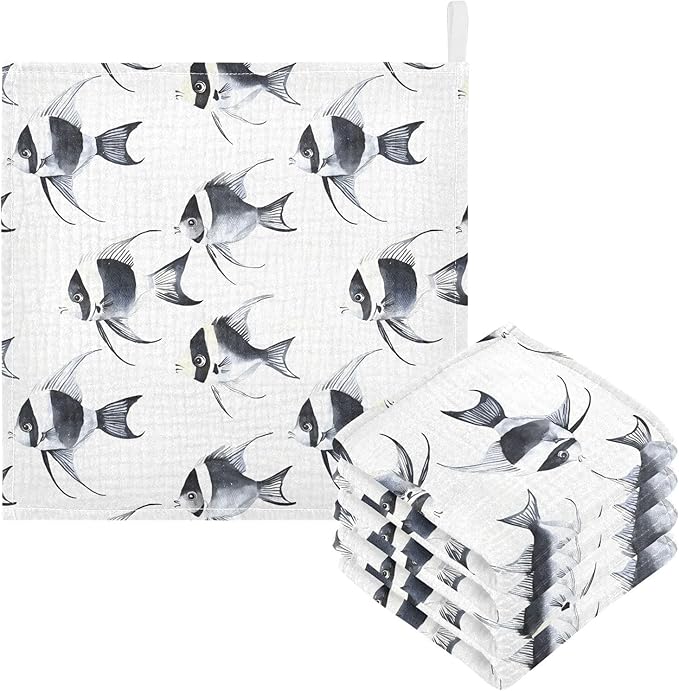 vvfelixl Black and White Angelfish Baby Burp Cloths Baby Muslin Washcloths for Boys Girls Cotton Babys Face Towel for Newborn Infants Soft and Absorbent 11.8 X 11.8 in, 5 Pack
