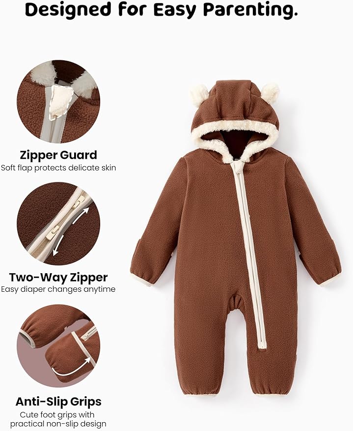 PATPAT Fleece Hooded Footed Clothes, Soft Warm Footie Covers, Car Seat Friendly, Easy Zip,Cute Romper Newborn Infant Jumpsuit