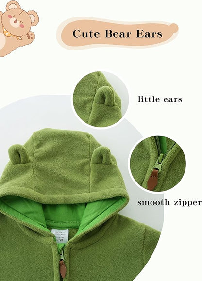 Newborn Baby Bear Onesie Winter Snowsuit With Fold-over Mittens & Footies Zip Up Baby Fleece Jumpsuit 0-18M