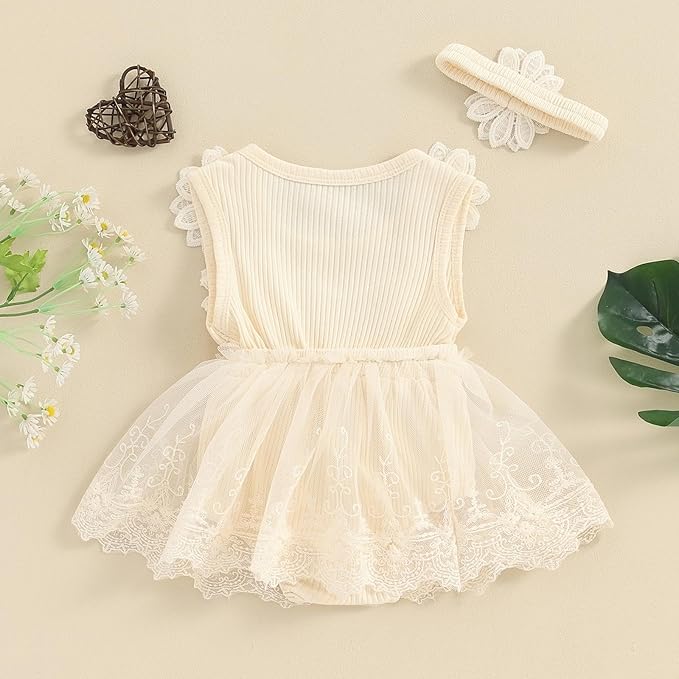 Infant Baby Girl Lace Romper Baby Tulle Dress Romper Flowers Bodysuit Spring Summer Festival Clothes with Headband