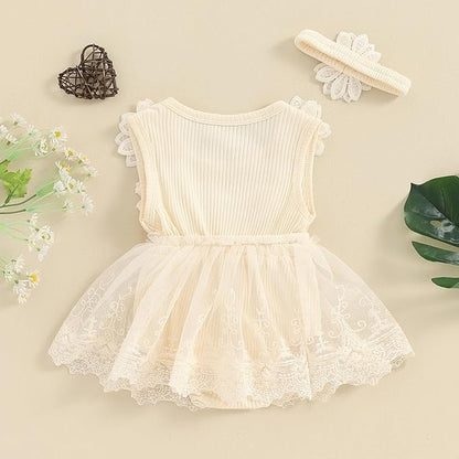 Infant Baby Girl Lace Romper Baby Tulle Dress Romper Flowers Bodysuit Spring Summer Festival Clothes with Headband