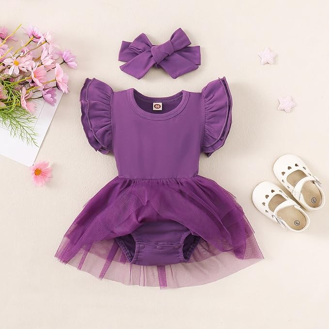 Baby Girl Clothes Infant Ruffle Sleeve Romper Dress Newborn Solid Tutu Skirt Sets Jumpsuit Headband Outfit