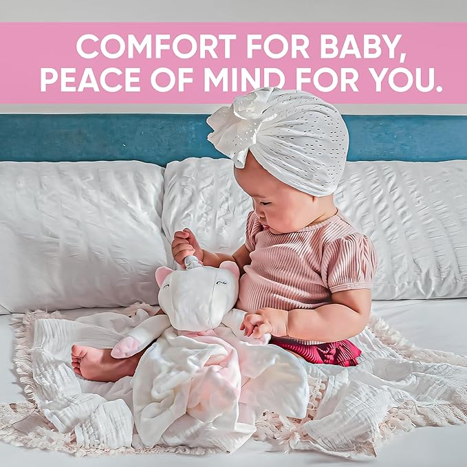 Baby Sleep Soother Pink & White Unicorn Plush with Heartbeat & Lullaby Sounds, 4-in-1 Sound Machine, Security Blanket & Pacifier Holder, Baby Registry Essential & Christmas Gift for Newborns & Infants