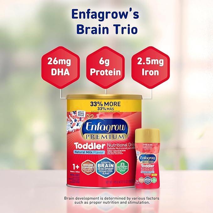 Enfagrow Premium Toddler Nutritional Drink, Made with Real Milk, Brain-Building Omega-3 DHA, Nutrients and Prebiotics for Growth & Immune Support, Non-GMO, Toddler Milk Powder, 32 Oz Can (Pack of 3)