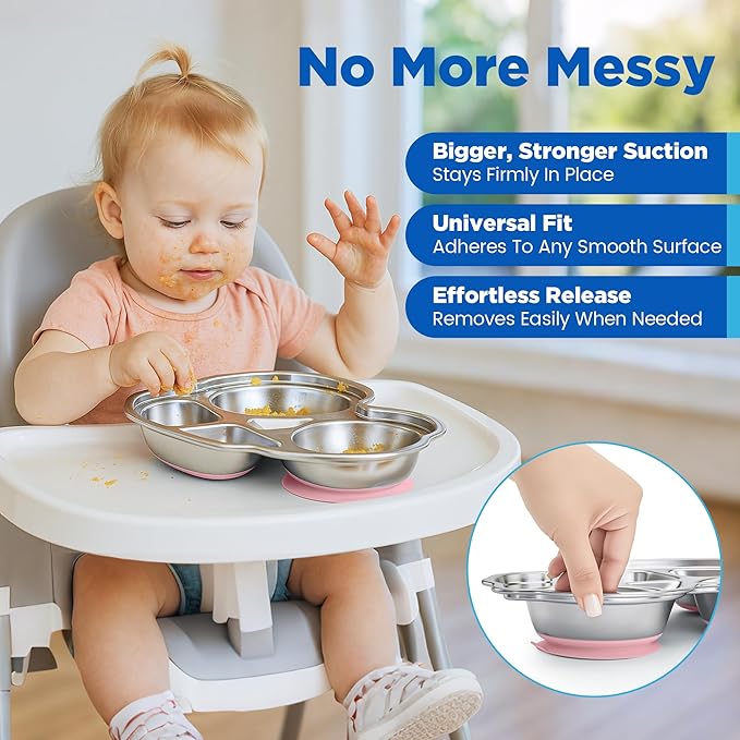 Stainless Steel Baby Suction Plates: Divided Plates Designed for Babies and Toddlers, Made of 100% Food-Grade Materials Ideal for Baby-Led Weaning BPA-Free Toddler Feeding Dishwasher Safe PINK