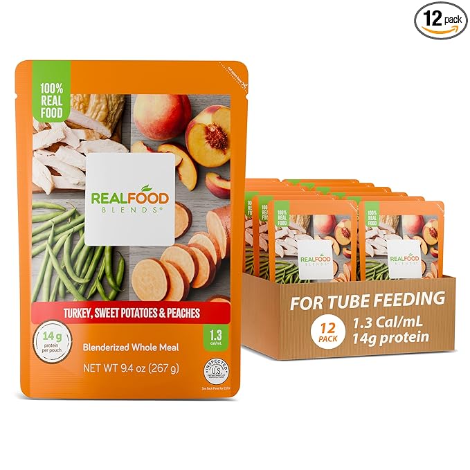 Real Food Blends Turkey, Sweet Potatoes & Peaches - Pureed Food Meals for Tube Feeding with Protein, Vegetables & Fruits - 320 Calories for Lunch & Dinner - 9.4 oz (Pack of 12)