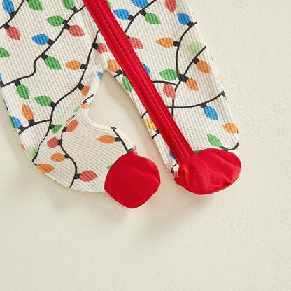 Baby Girl Boy Christmas Outfit Long Sleeve Lights Zipper Footie Romper Cute Newborn Infant Waffle Jumpsuit