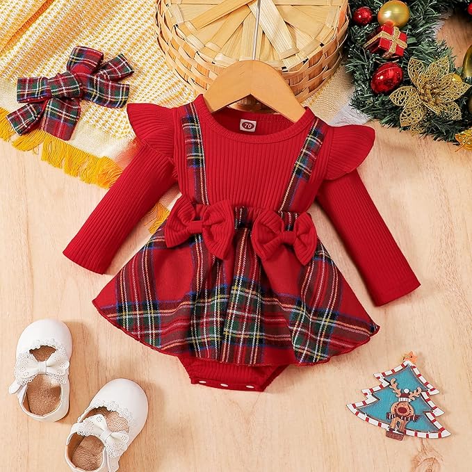 Newborn Christmas Outfit Baby Girl Plaid Romper Dress Infant Ruffle Long Sleeve Ribbed Bodysuit Headband Clothes