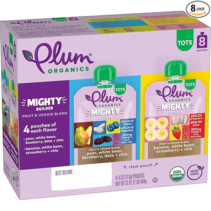 Plum Organics Variety Pack, 12+ Months - Mighty Builder Organic Fruit and Veggie Blend Toddler Food Pouches - 4 oz Pouch (Pack of 8)