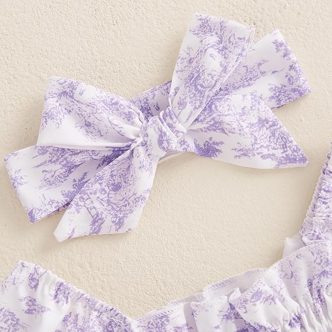 Infant Baby Girls Romper Floral Ruffle Sleeve Pleated Smocked Bubble One Piece Ruched Jumpsuit Summer Bodysuit