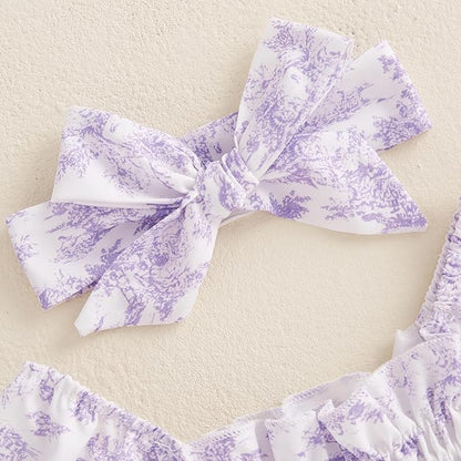 Infant Baby Girls Romper Floral Ruffle Sleeve Pleated Smocked Bubble One Piece Ruched Jumpsuit Summer Bodysuit