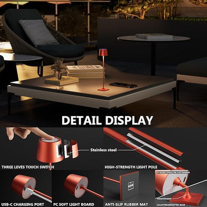 Compact Cordless Table Lamp, Rechargeable LED Night Light, Dual Light Source (RGB Top & Warm Bottom), Touch Control & Timer, Metal Lamp for Bedroom & Kids Room (Red 1-Pack)