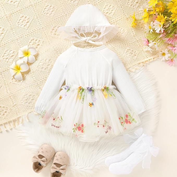 YOUNGER TREE Newborn Baby Girl Romper Dress Outfits Long Sleeve Floral Tutu Bodysuit with Leggings Hat Infant Fall Clothes
