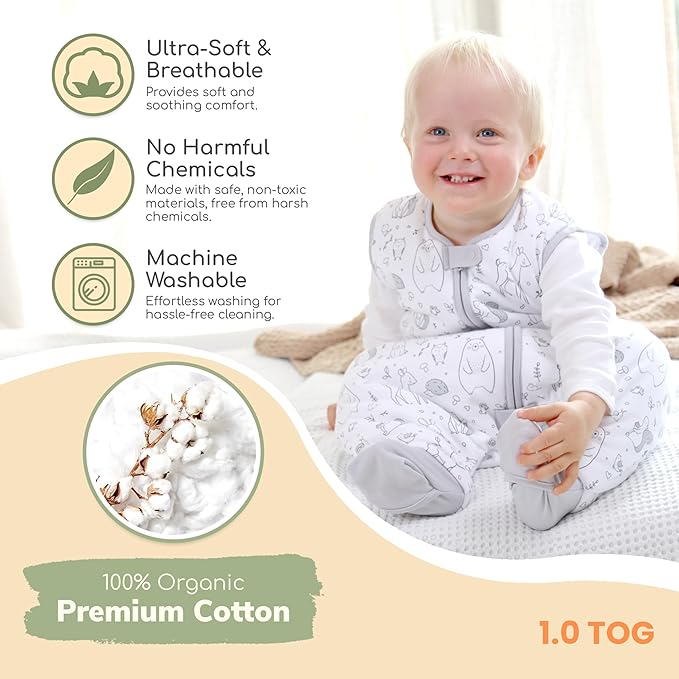 Mama Cheetah Toddler Sleep Sack with Feet in 1.0 Tog Organic Cotton for Boys and Girls, Baby Sleep Bag with Legs and 2-Way Zipper, Early Walker Medium