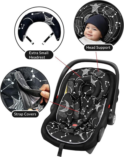 Infant Car Seat Insert with Removable Cushion for Preemie to Toddler, Reversible Newborn Carseat Insert for Baby Head Body Support, Fits for Stroller, Baby Swing, Bouncer (Black Star)