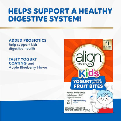 Align Probiotic, Kids Yogurt Coated Probiotic Fruit Bites, Added Probiotics Help Support Kids' Digestive Health, Apple Blueberry Flavored, 21 Individually Wrapped Pouches, 105 Bites