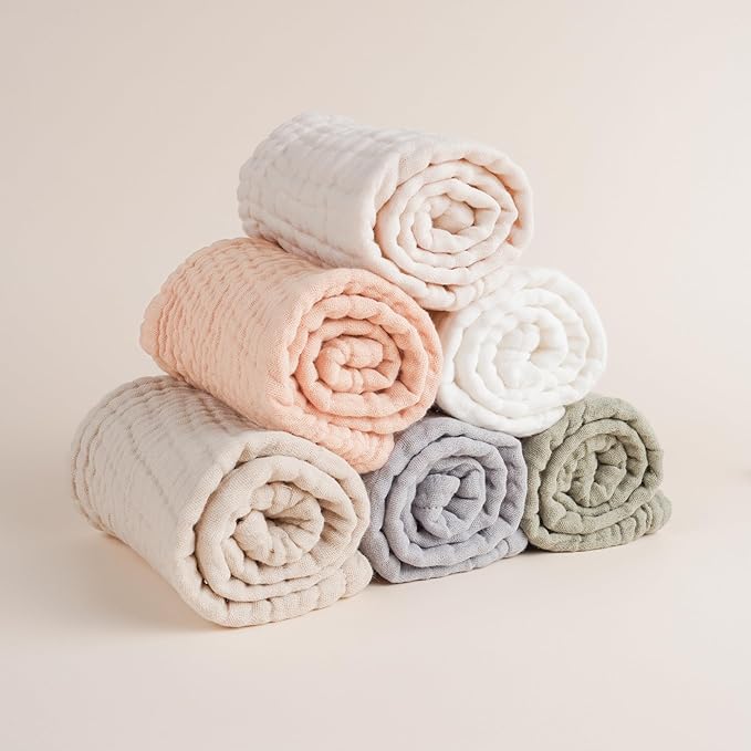 Konssy Muslin Baby Burp Cloths 6 Pack, Soft Absorbent 100% Cotton Burping Clothes for Newborns, Baby Boys and Girls, Unisex