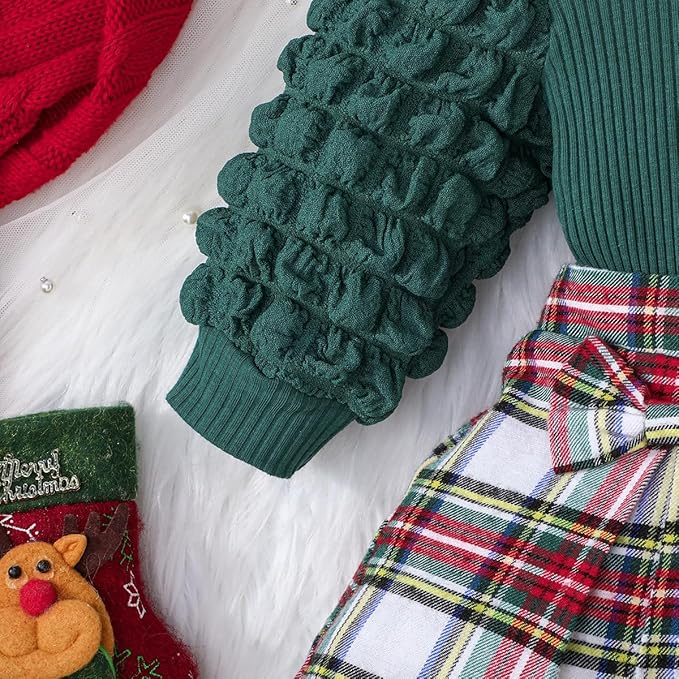 Toddler Baby Girl Plaid Dress Puff Sleeve Bow Patchwork Ribbed Shirts Dress Plaid Fall Winter Outfits with Headband