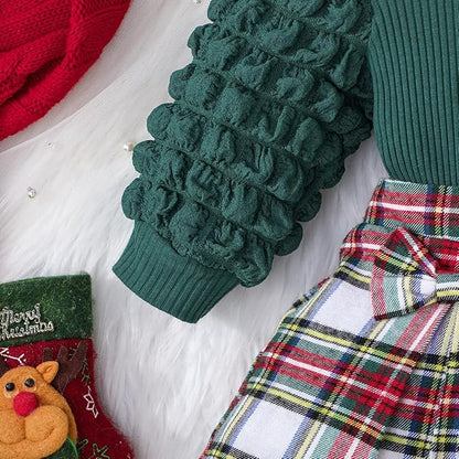 Toddler Baby Girl Plaid Dress Puff Sleeve Bow Patchwork Ribbed Shirts Dress Plaid Fall Winter Outfits with Headband