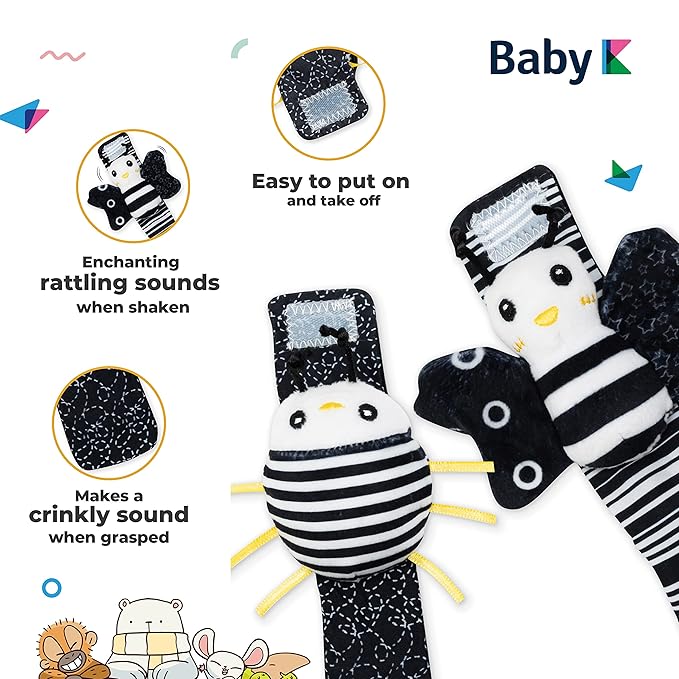 BABY K Baby Rattle Socks & Wrist Toys (Set E) - Newborn Toys for Baby Boy or Girl - Brain Development Infant Toys - Hand and Foot Rattles Suitable for 0-6, 6-12 Months Babies - Newborn Baby Gifts