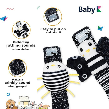 BABY K Baby Rattle Socks & Wrist Toys (Set E) - Newborn Toys for Baby Boy or Girl - Brain Development Infant Toys - Hand and Foot Rattles Suitable for 0-6, 6-12 Months Babies - Newborn Baby Gifts