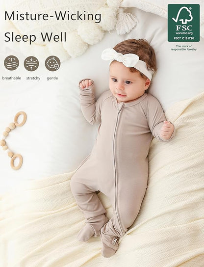 JunNeng Viscose from Bamboo Baby Sleeper,Newborn Footie Pajamas with 2 Way Zipper & Fold Over Mittens,0-12M