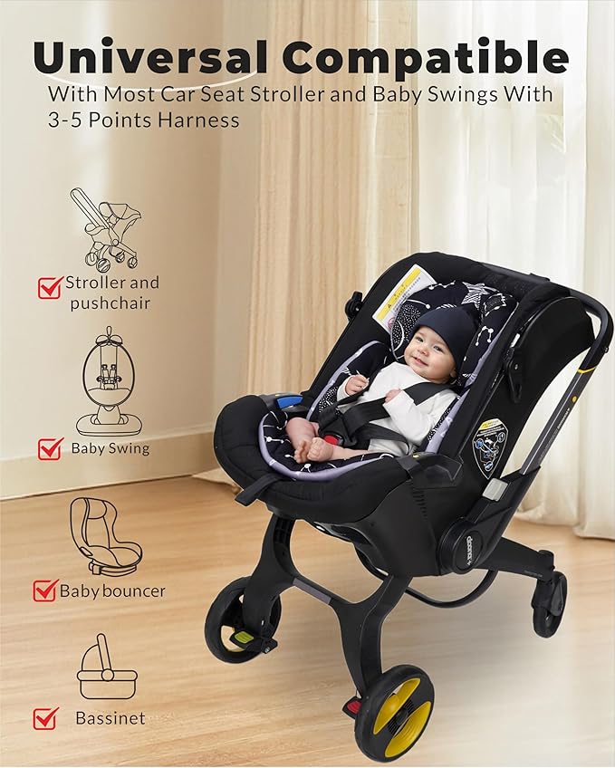 Infant Car Seat Insert with Removable Cushion for Preemie to Toddler, Reversible Newborn Carseat Insert for Baby Head Body Support, Fits for Stroller, Baby Swing, Bouncer (Black Star)