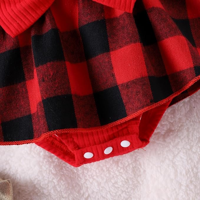 Newborn Christmas Outfit Baby Girl Plaid Romper Dress Infant Ruffle Long Sleeve Ribbed Bodysuit Headband Clothes