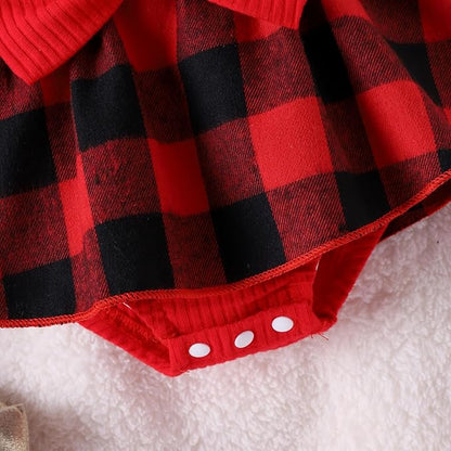 Newborn Christmas Outfit Baby Girl Plaid Romper Dress Infant Ruffle Long Sleeve Ribbed Bodysuit Headband Clothes