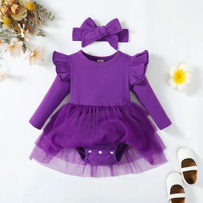 Baby Girl Clothes Infant Ruffle Sleeve Romper Dress Newborn Solid Tutu Skirt Sets Jumpsuit Headband Outfit