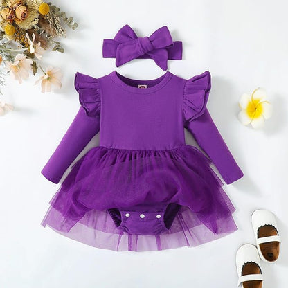 Baby Girl Clothes Infant Ruffle Sleeve Romper Dress Newborn Solid Tutu Skirt Sets Jumpsuit Headband Outfit
