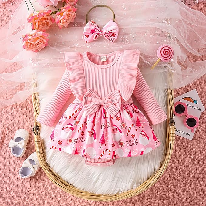 Hnyenmcko Newborn Baby Girl Christmas Clothes Infant Red Plaid Romper Dress Ruffle Long Sleeve Ribbed Bodysuit Headband Set